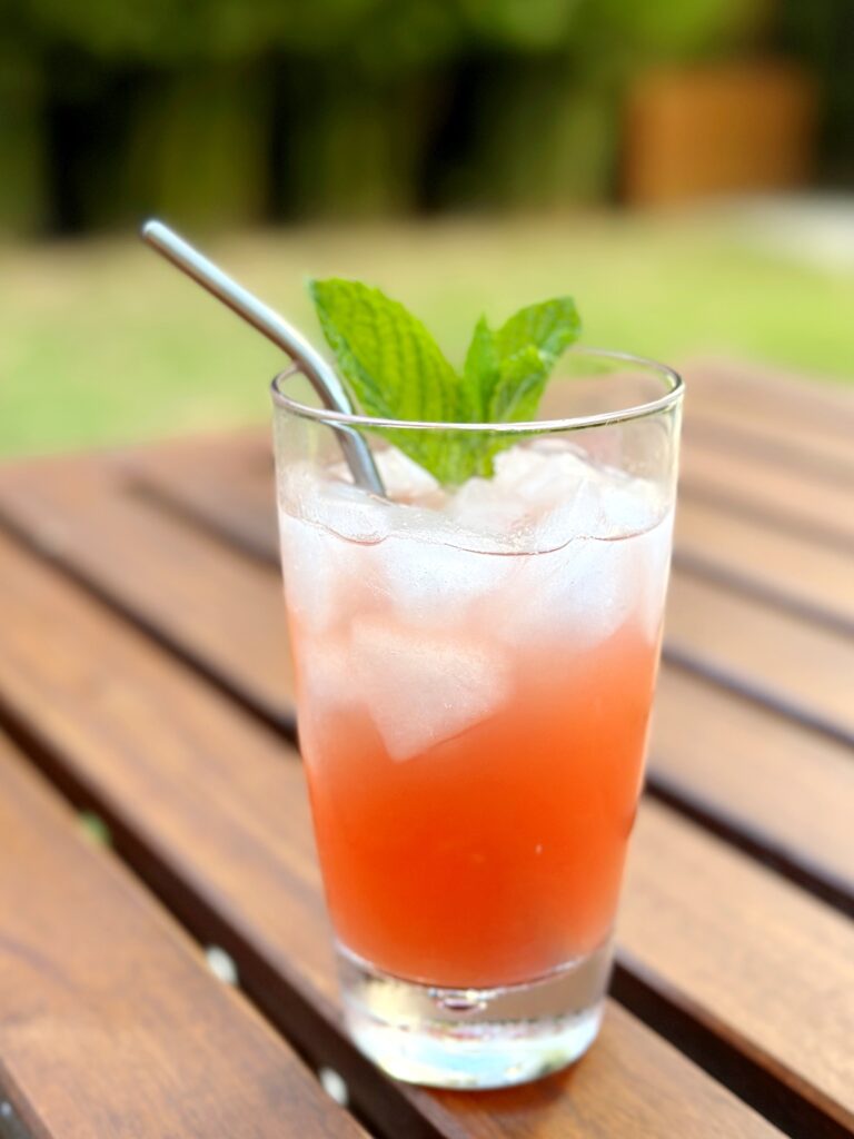 A nourishing, vibrant tropical watermelon cooler skin drink served in a glass, infused with watermelon and mint leaves