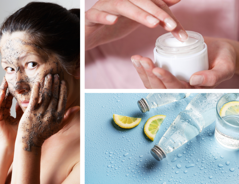 ALT Image: Collage of three images: a woman exfoliating, a jar of moisturizer, and bottles of water, representing a post-travel skincare routine for hydration and nourishment.